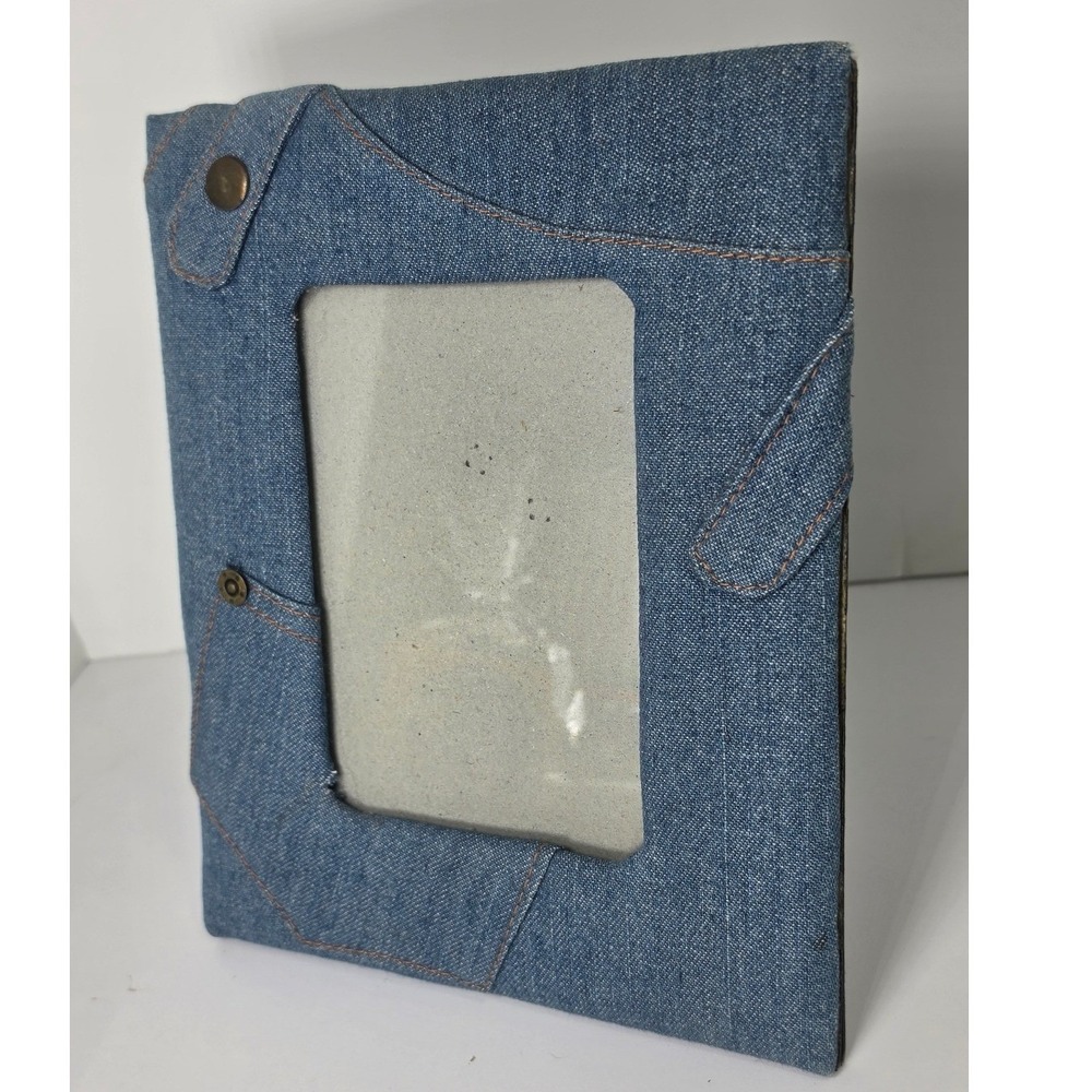 Blue Denim Fabric Picture Frame with Buttons and Contrast Stitching 4x5 Tabletop